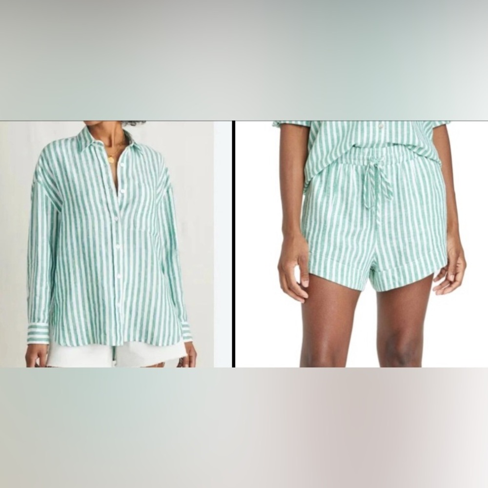 Green and White Striped Button-Up Shirt and Shorts Set - Picture 2 of 16